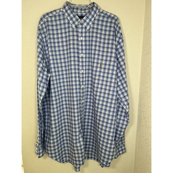 Ralph Lauren Shirt Mens XLT Tall Blue Plaid Button Down Long Sleeve Pony Logo - Picture 1 of 13
